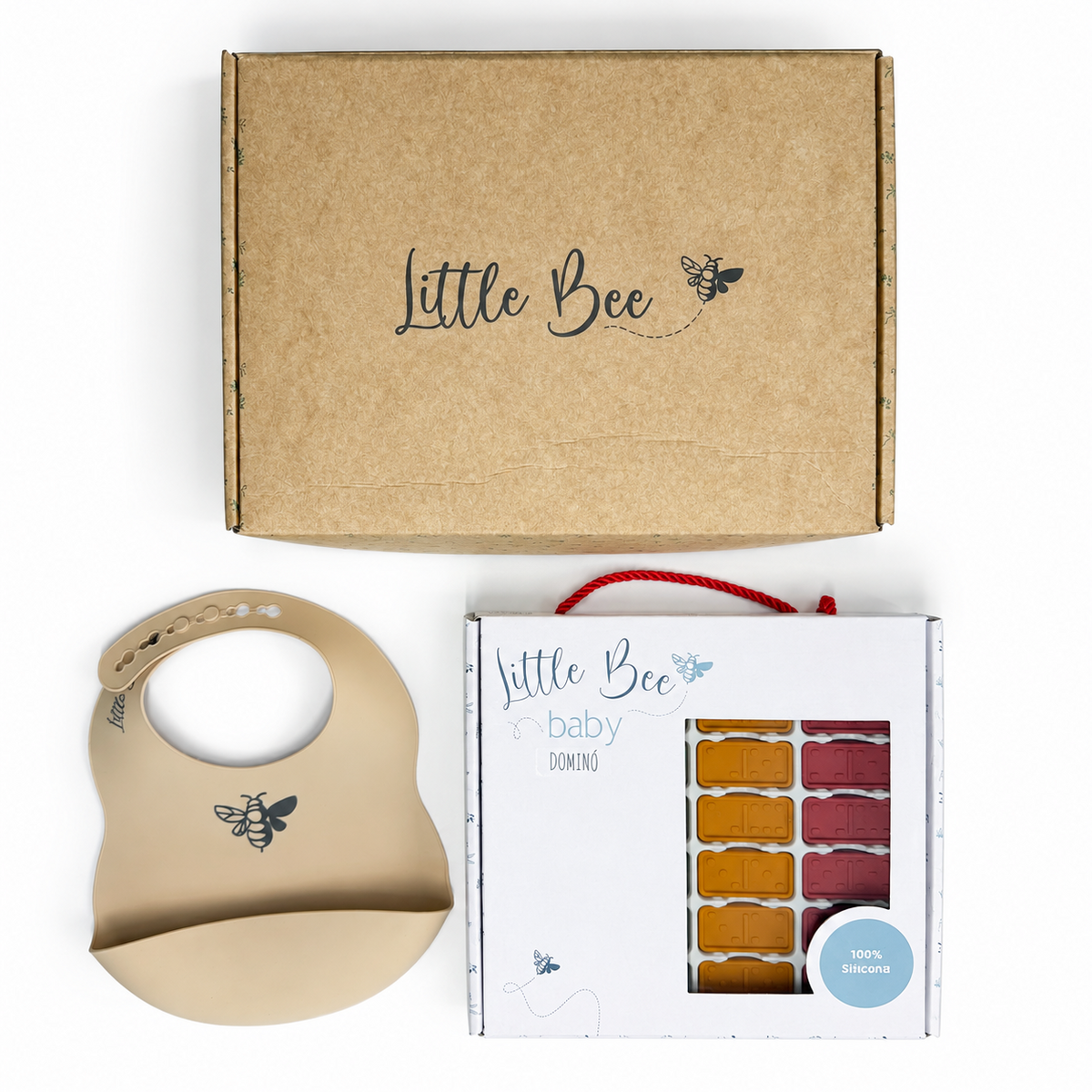 Babero Beige Silicona + Juego Dominó