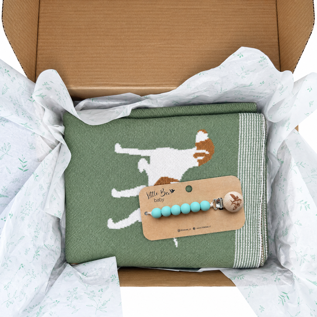 Caja Regalo Manta Tejida Dogs +  Portachupete Green